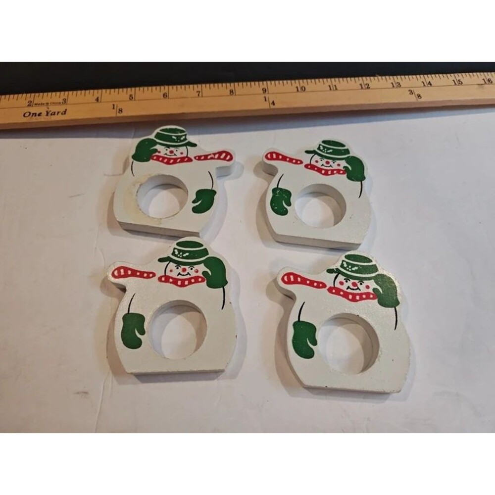 Vintage Painted Wooden Snowman Napkin Rings - Set of 4